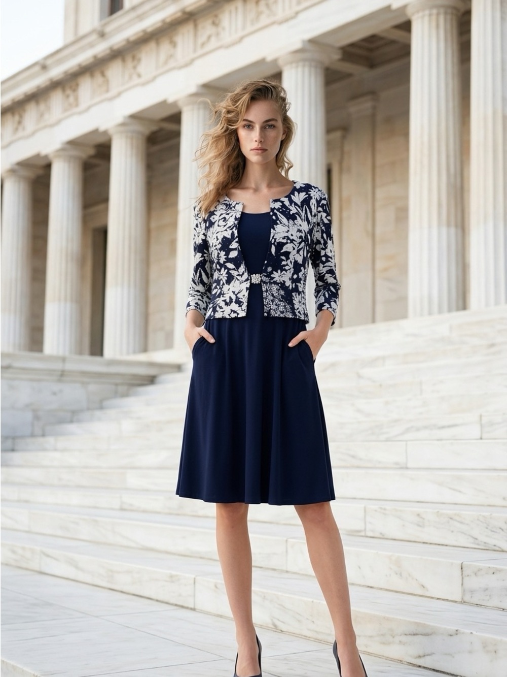 Jessica Howard Navy A-Line Dress with White Floral Jacket